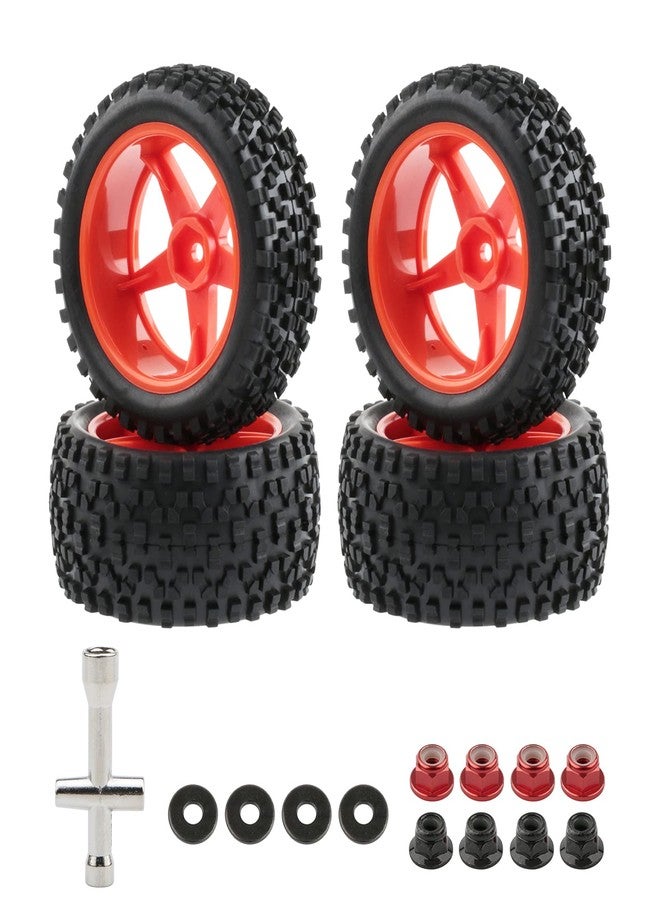 Rchobbytop 1/10 Buggy Tires & Wheels Set - Front & Rear Different Sizes 12mm Hex Red 5-Spoke Rims, Compatible with Traxxas Bandit, Redcat, Tamiya - Includes Lock Nuts, Washers & Wrench - Image 2